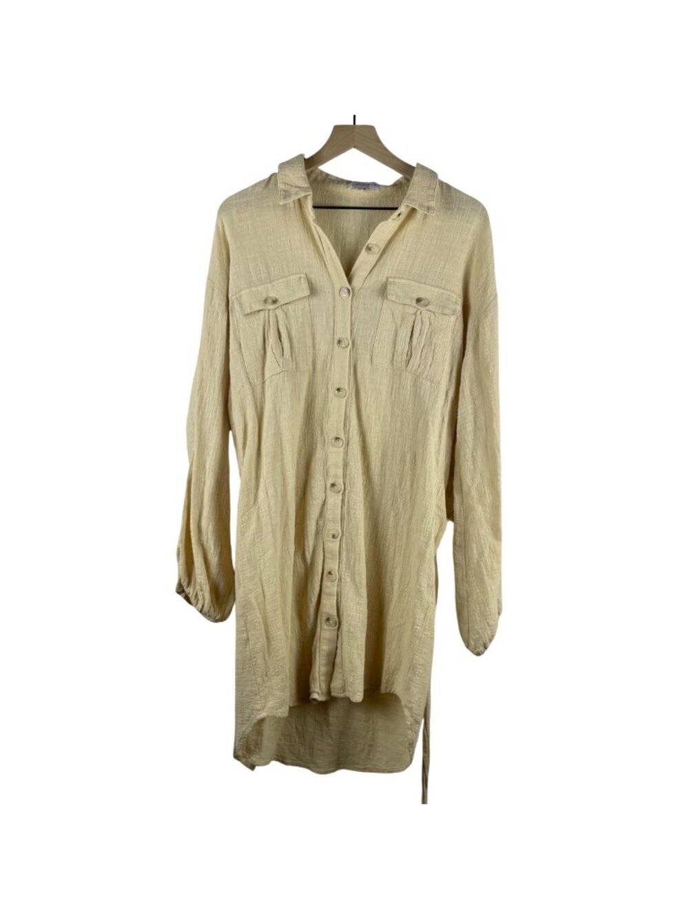 Sabo Skirt Gauzy Cotton Long Sleeve Shirt Dress w/ Belt Small Beige Resortwear
